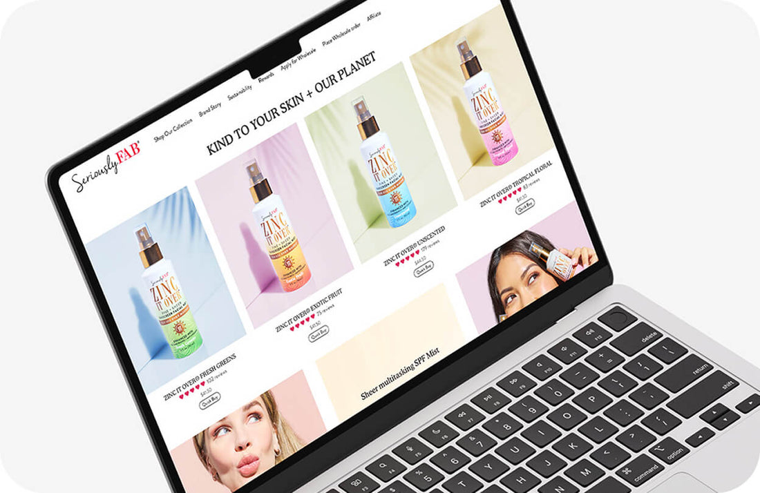 Custom Shopify store design for a skincare and beauty brand displayed on a laptop